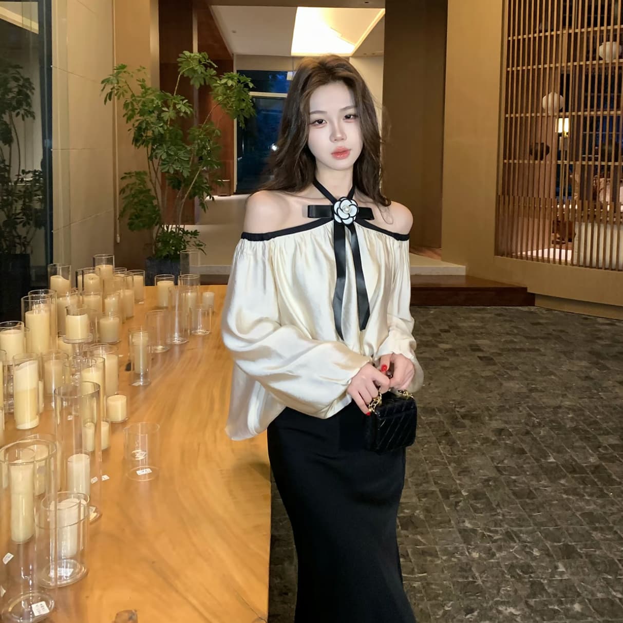 무쯔리 목자이 ~ 중 리 밤 머리말 송곳니 부드러운 빛 럭셔리 바람 오프숄더 행침 목 나비 매듭 긴팔 맨위 새틴 반 스커트 세트 이미지 2