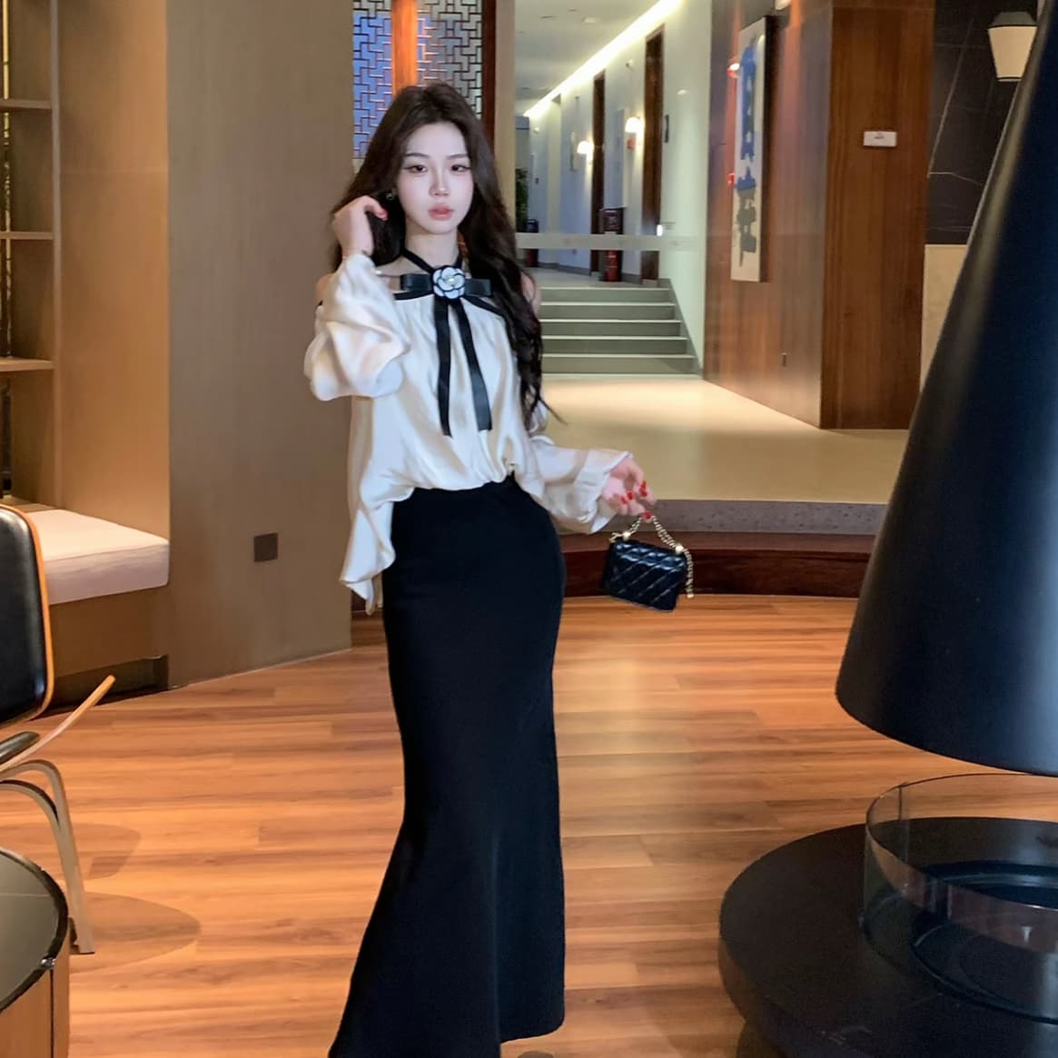 무쯔리 목자이 ~ 중 리 밤 머리말 송곳니 부드러운 빛 럭셔리 바람 오프숄더 행침 목 나비 매듭 긴팔 맨위 새틴 반 스커트 세트 이미지 6