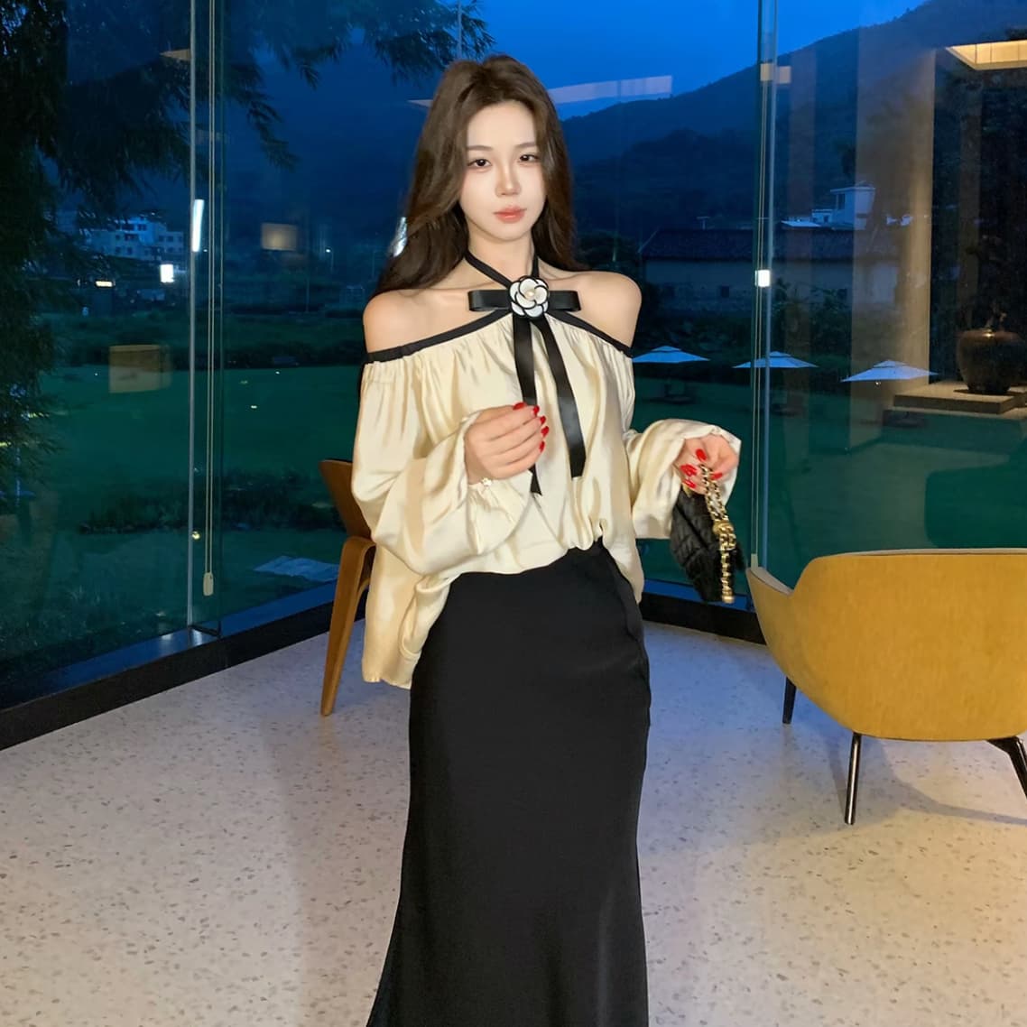 무쯔리 목자이 ~ 중 리 밤 머리말 송곳니 부드러운 빛 럭셔리 바람 오프숄더 행침 목 나비 매듭 긴팔 맨위 새틴 반 스커트 세트 상세 이미지 2