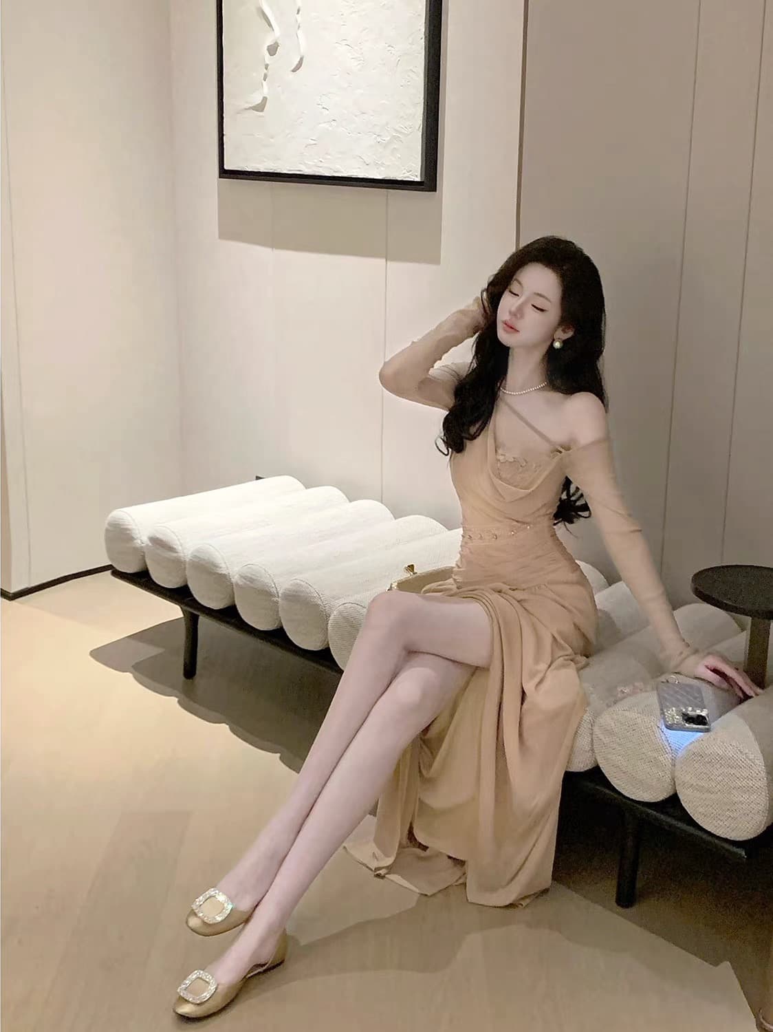 syqiao 샴페인 저녁 식사 비스듬한 어깨 흔들다 칼라 불규칙 긴팔 드레스 이미지 5