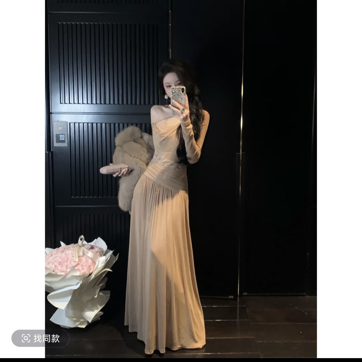 syqiao 샴페인 저녁 식사 비스듬한 어깨 흔들다 칼라 불규칙 긴팔 드레스 상세 이미지 6