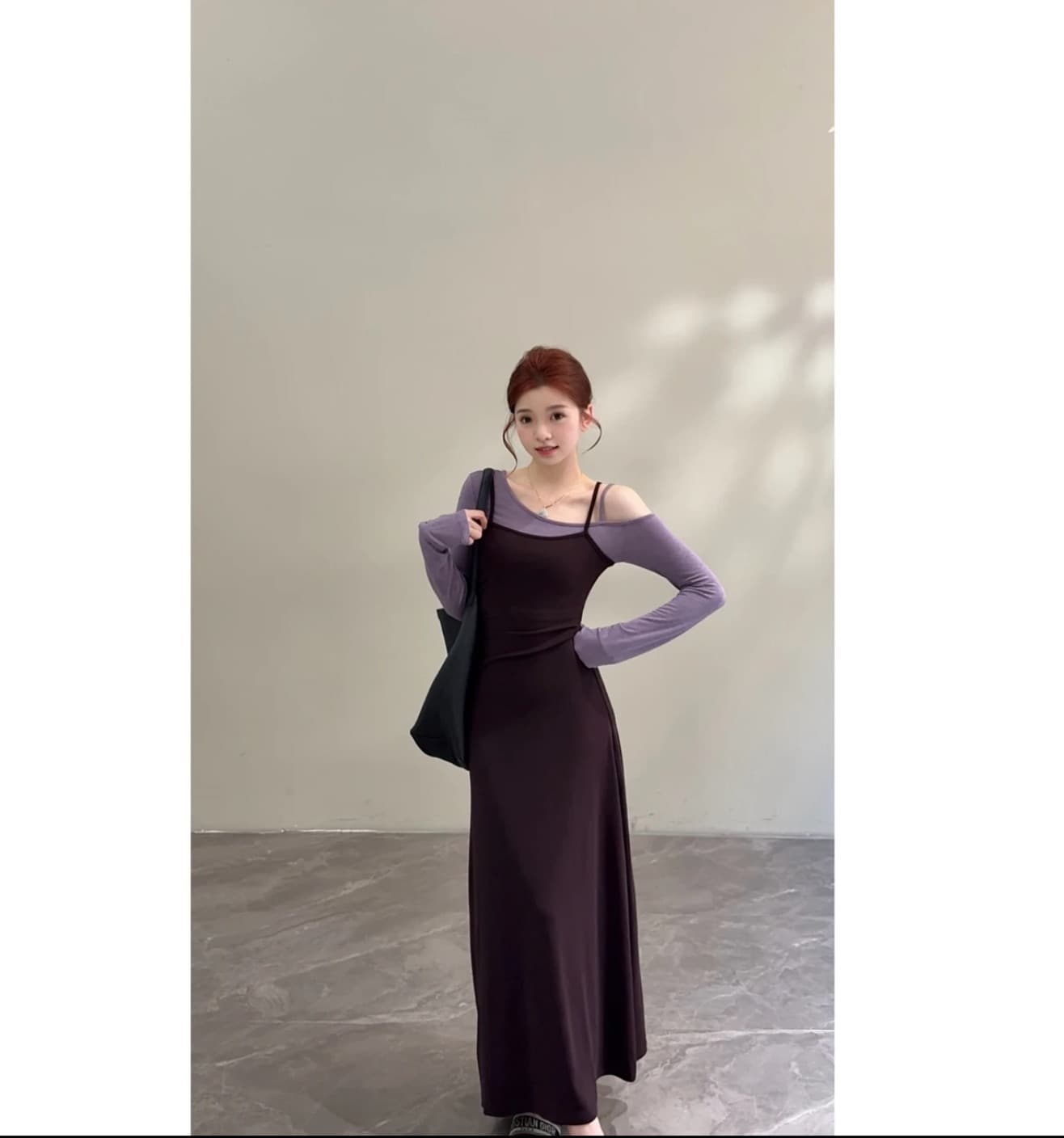노래 송 이른 가을 새로운 작은 대중 배색 허리 수축 슬림해 보이는 품격 페이크 레이어드 긴팔 슬립 드레스 dt25 상세 이미지 2