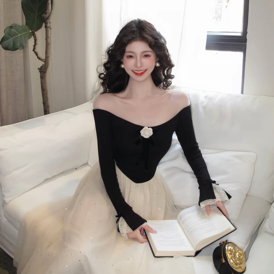 늦게 시리아 동백 나무 프랑스식 동백 나무 빛 럭셔리 천 금빛 바람 오프숄더 이른 가을 새로운 플래시 훈련 Tulle 인어 꼬리 드레스 이미지 2