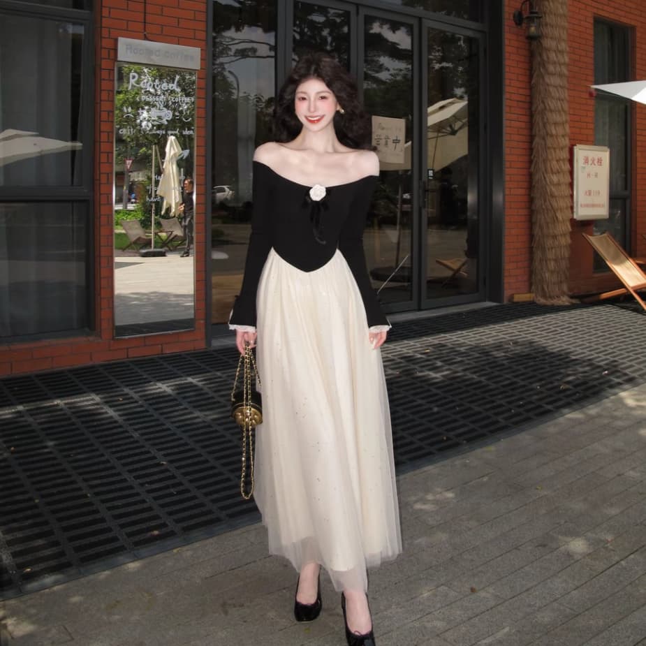 늦게 시리아 동백 나무 프랑스식 동백 나무 빛 럭셔리 천 금빛 바람 오프숄더 이른 가을 새로운 플래시 훈련 Tulle 인어 꼬리 드레스 상세 이미지 3