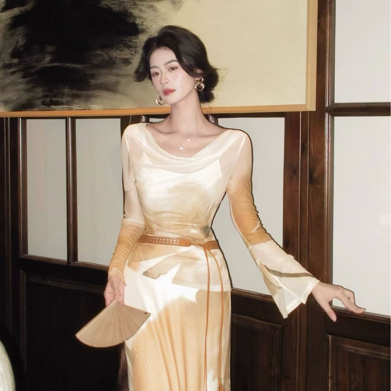 링 茜 거만한 와우 브라운 연기 가을 늦게 헤일로 염색 흔들다 칼라 스택 착용 긴팔 블라우스 벨트 허리 수축 마이크로 인어 꼬리 치마 세트 여성 이미지 6