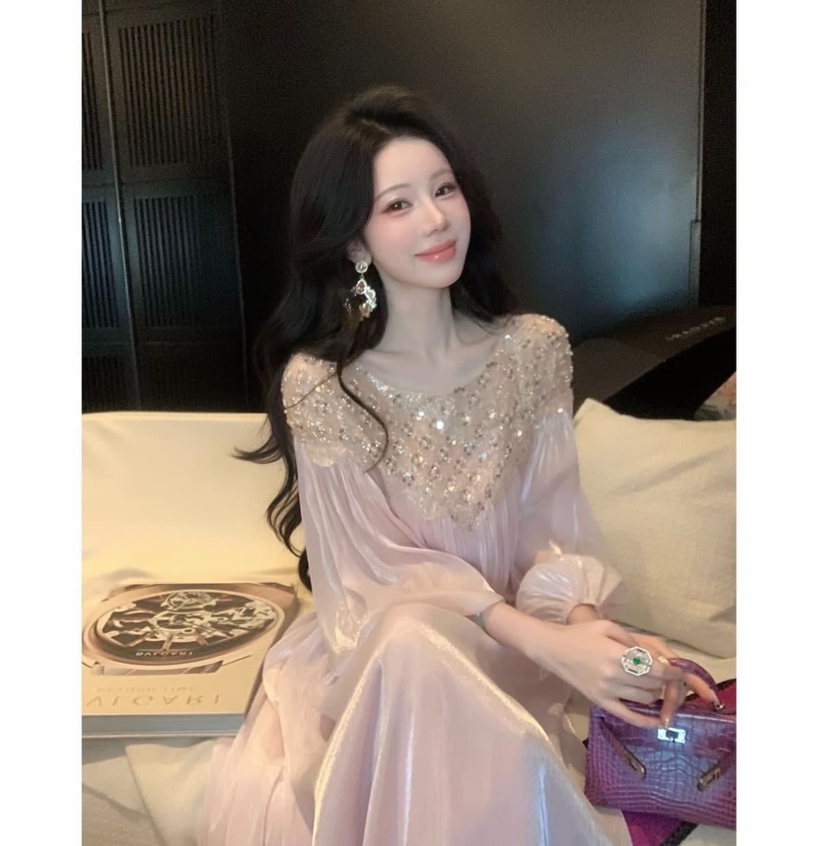 syqiao 우아한 조 별빛 착륙 무거운 작업 비즈 박기 스팽글 벌룬 소매 드레스 dyzy-207671129 상세 이미지 1