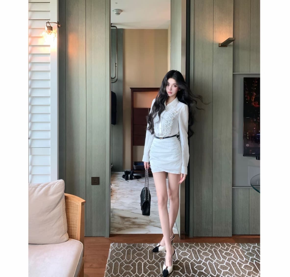 barb chill 부드러운 바람 남자 가을 프랑스식 질감 센스 폴로 칼라 단추 셔츠 드레스 긴팔 타이트 스커트 드레스 상세 이미지 2