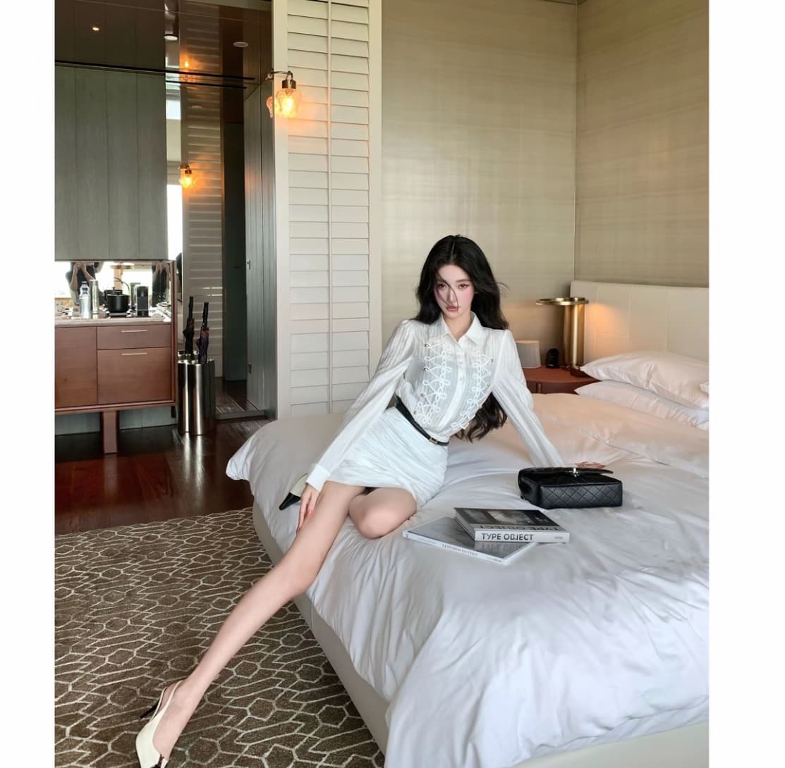 barb chill 부드러운 바람 남자 가을 프랑스식 질감 센스 폴로 칼라 단추 셔츠 드레스 긴팔 타이트 스커트 드레스 상세 이미지 3