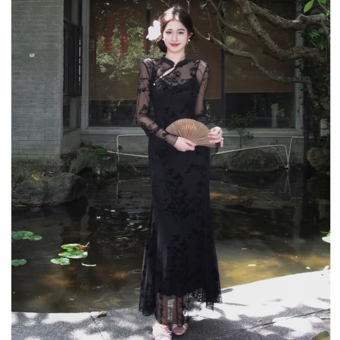 링 茜 거만한 와우 법사 실 나비 꿈 새로운 중식 나비 식물 플러시 치파오 허리 수축 슬림해 보이는 슬립 드레스 투피스 세트 이미지 2