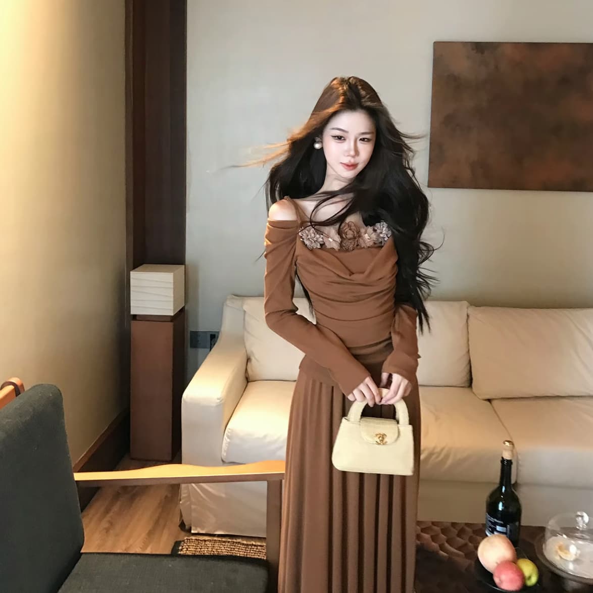 무쯔리 목자이 ~ 중 리 일몰 차 주황색 부드러운 바람 긴팔 슬립 흔들다 칼라 니트 맨위 도루 센스 반신 치마 세트 상세 이미지 2