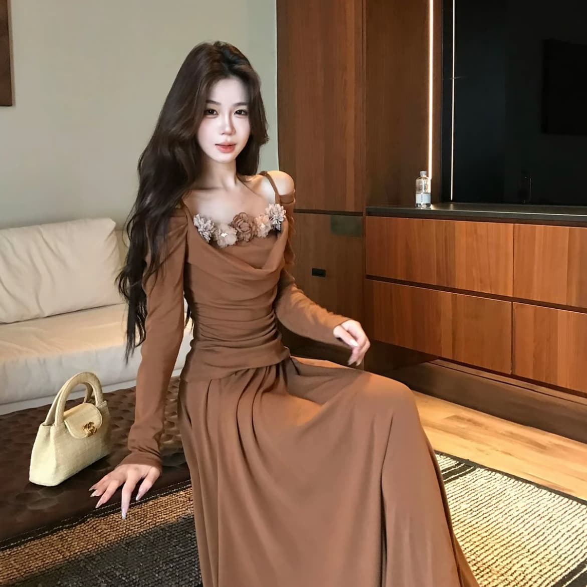 무쯔리 목자이 ~ 중 리 일몰 차 주황색 부드러운 바람 긴팔 슬립 흔들다 칼라 니트 맨위 도루 센스 반신 치마 세트 상세 이미지 4