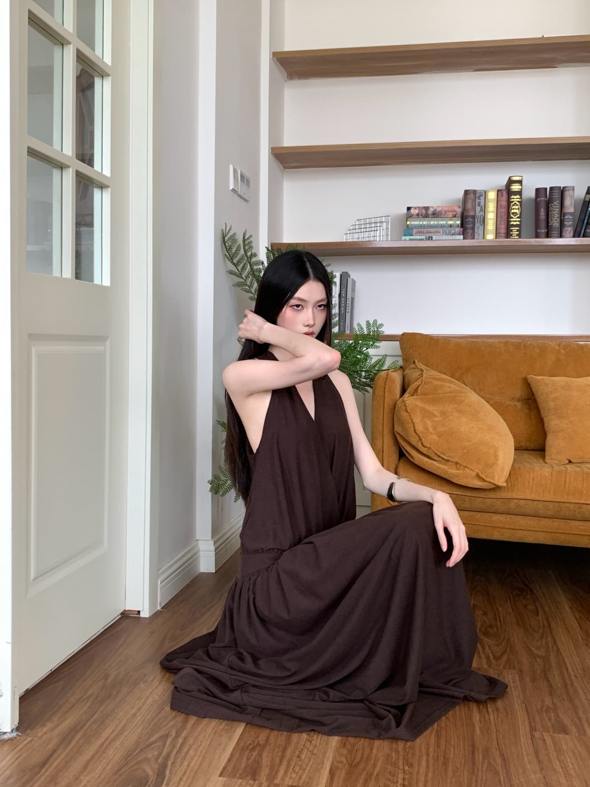 V넥 둘 슬라이스 중복 민소매 드레스 캐주얼 휴가 행침 목 스타일 롱 스커트 여성 상세 이미지 6