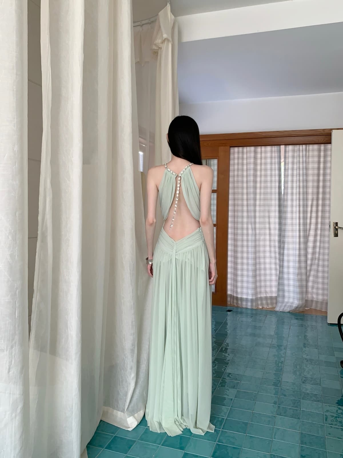 달빛 뮤즈 망사 주름 허리 수축 행침 목 백리스 예복 치마 드레스 롱 스커트 상세 이미지 6