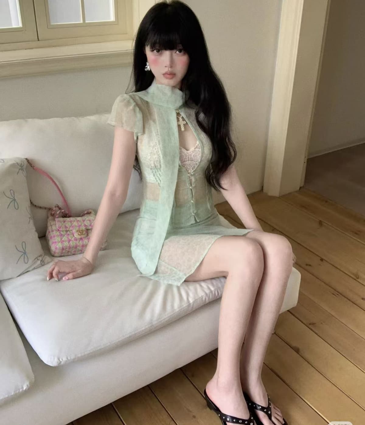 잃어버린 초점 낭만주의 디자인 리본 칼라 홀치기 염색 어둠 곡물 쉬폰 오픈 가디건 반팔 작은 셔츠 반 스커트 세트 이미지 2