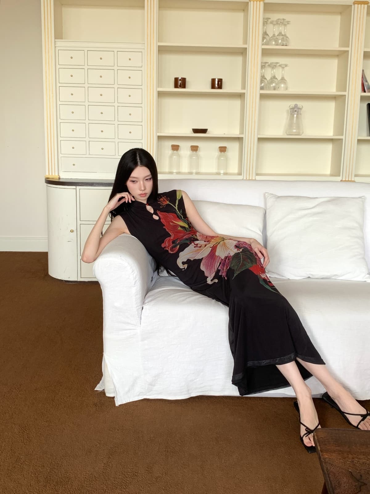 조용한 법원 릴리 푸 새로운 중식 국풍 꽃무늬 헤일로 염색 망사 치파오 드레스 상세 이미지 5