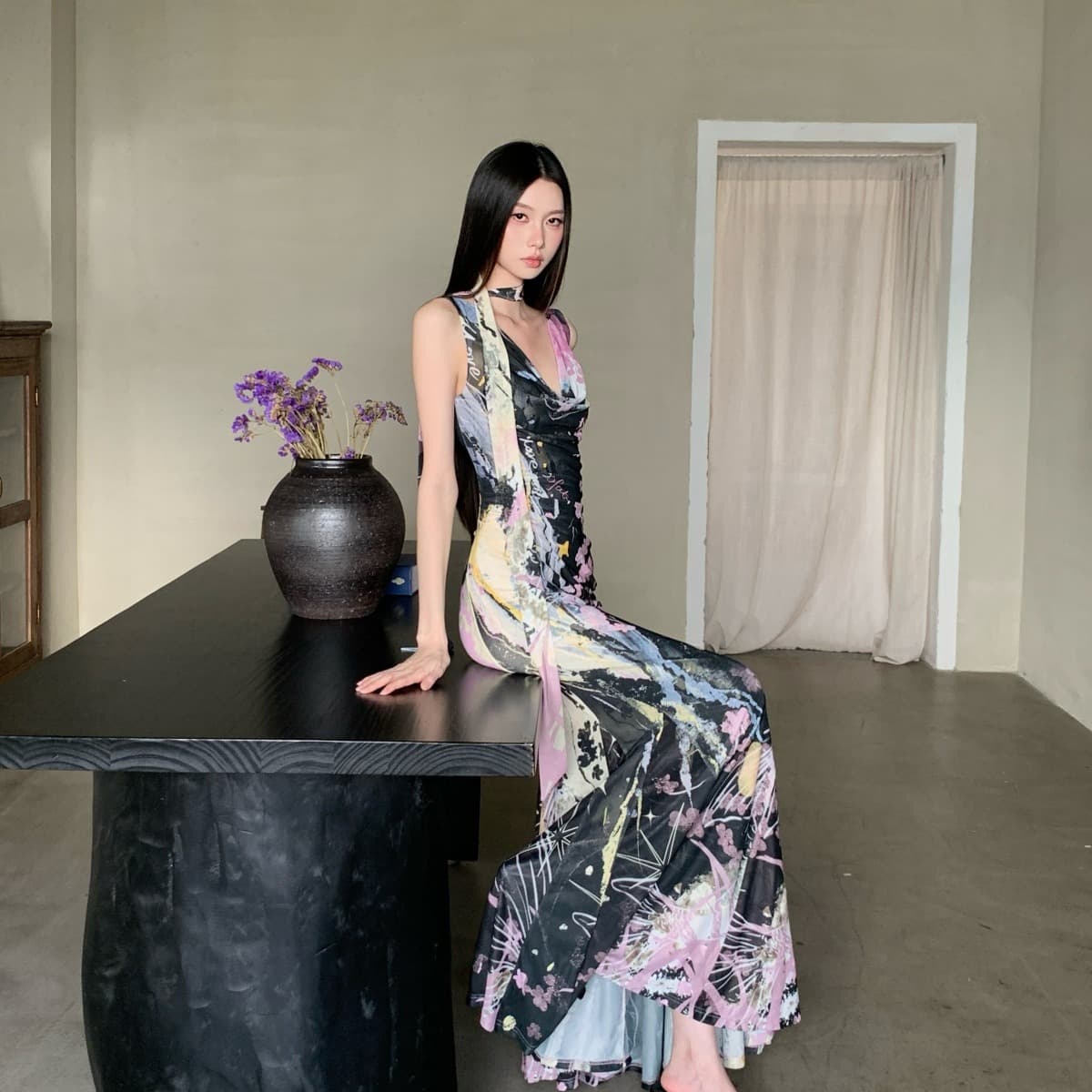 바르셀로나 ~ 중 밤 오리지널 수채화 망사 여성 드레스 흔들다 칼라 비스듬한 어깨 인어 꼬리 스커트 이미지 5
