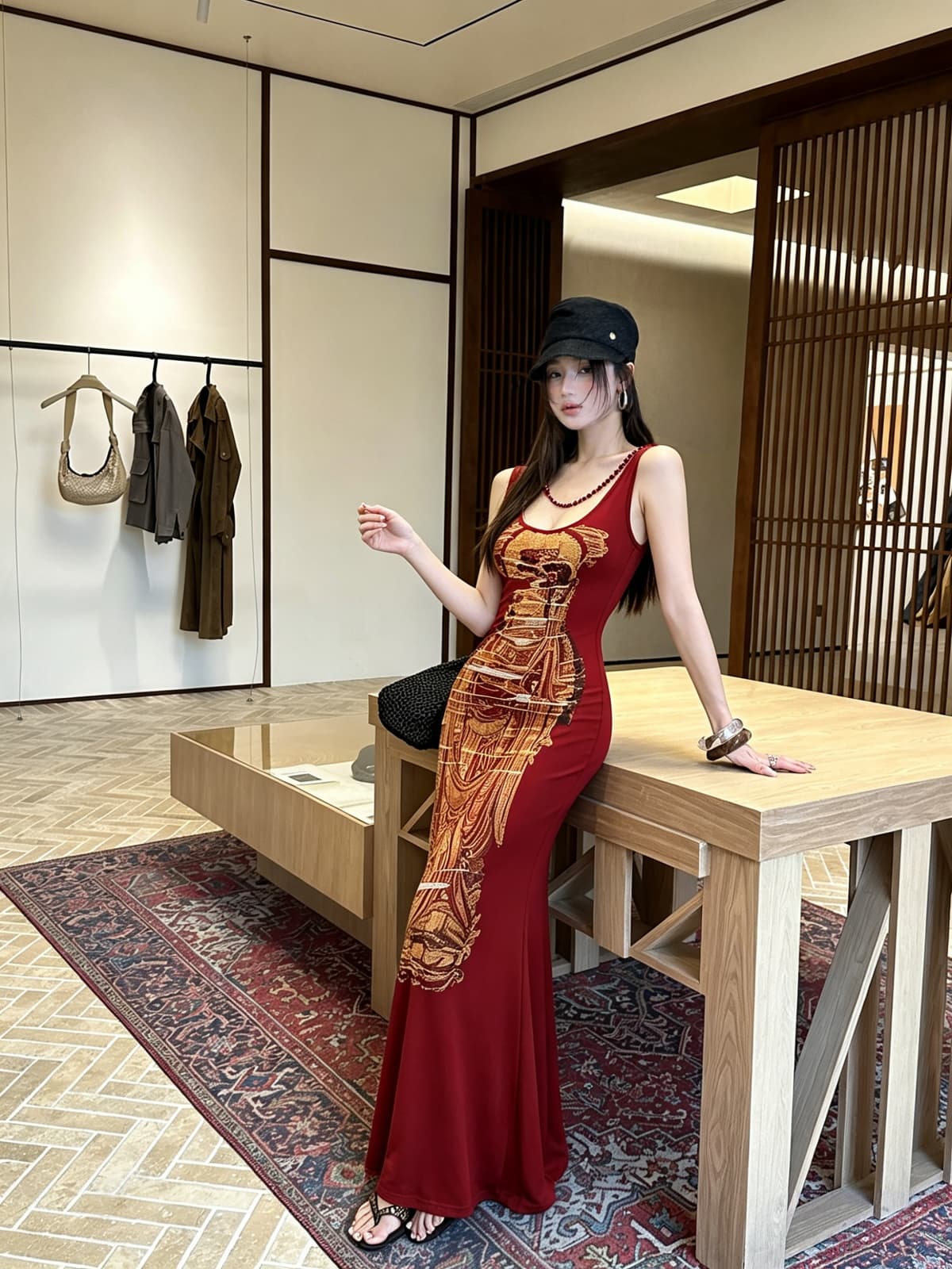 꿈 높음 티 그래. 바람 주홍 프린트 새로운 중식 작은 대중 오리지널 인어 꼬리 드레스 상세 이미지 11