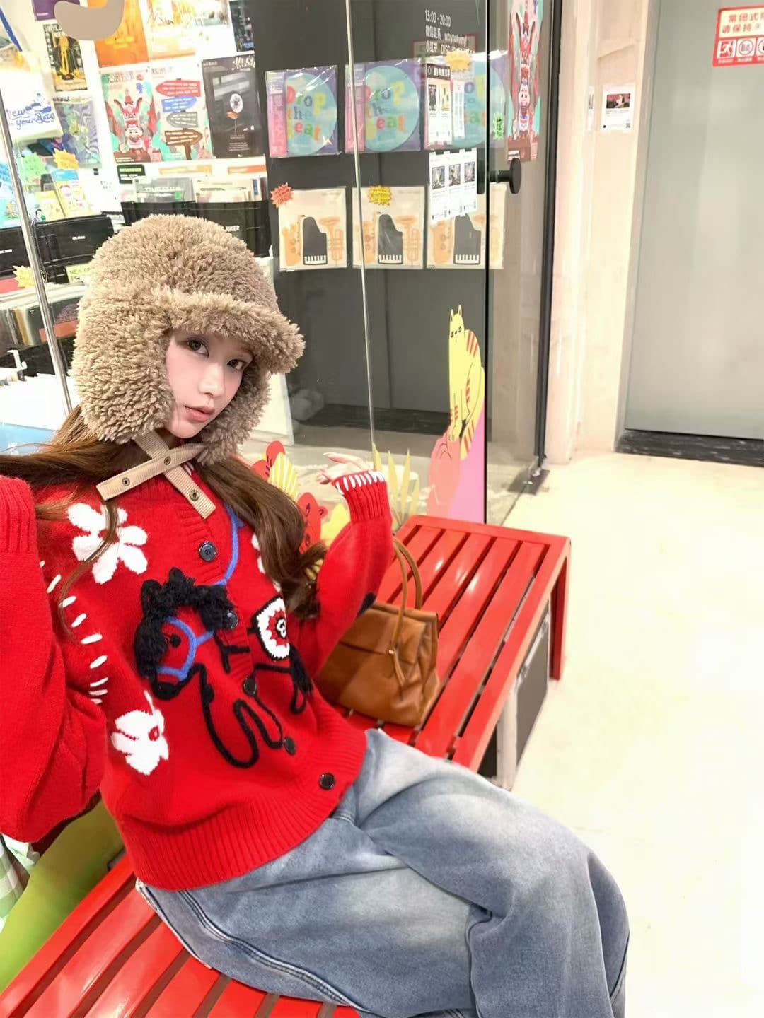 빨간색 작은 말 스웨터 여자 가을 겨울 새로운 부드러운 찹쌀 보온 Chic 크리스마스 분위기 센스 신년 맨위 상세 이미지 1