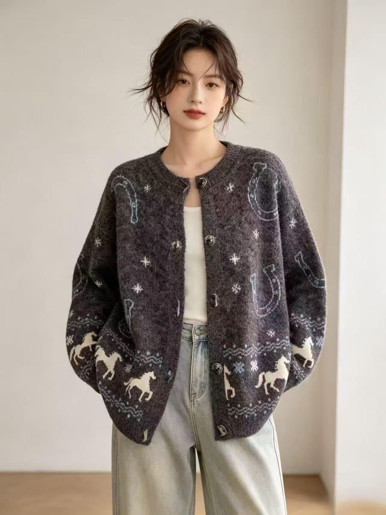 2026 가을 겨울 신제품 달콤함 느긋한 바람 루즈핏 작은 말 자카드 패치워크 니트 오픈 가디건 여성 코트 상세 이미지 1