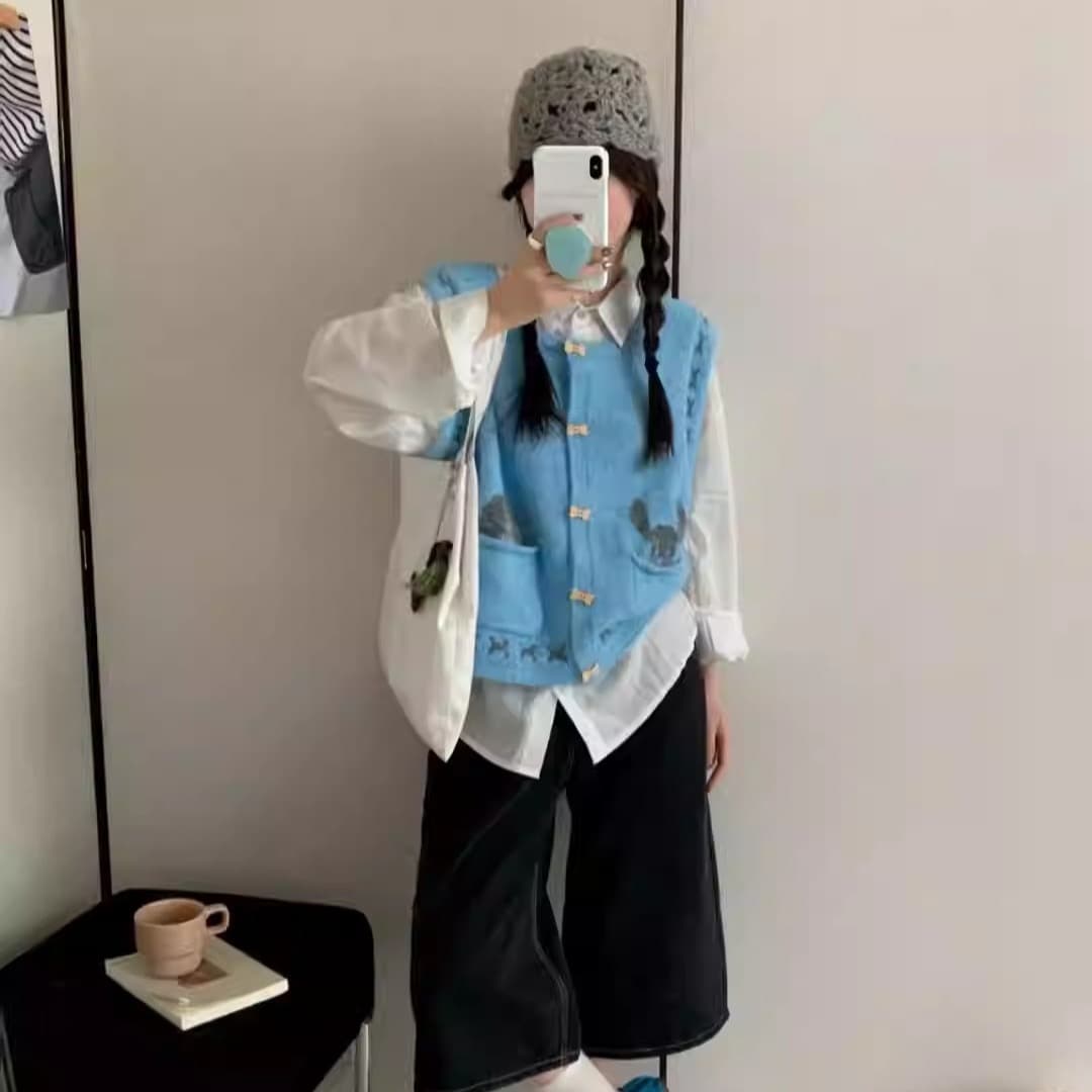 만화 강아지 뼈 단추 라운드 넥 니트 조끼 여자 가을 새로운 루즈핏 스웨터 조끼 민소매 맨위 트렌디 상세 이미지 5