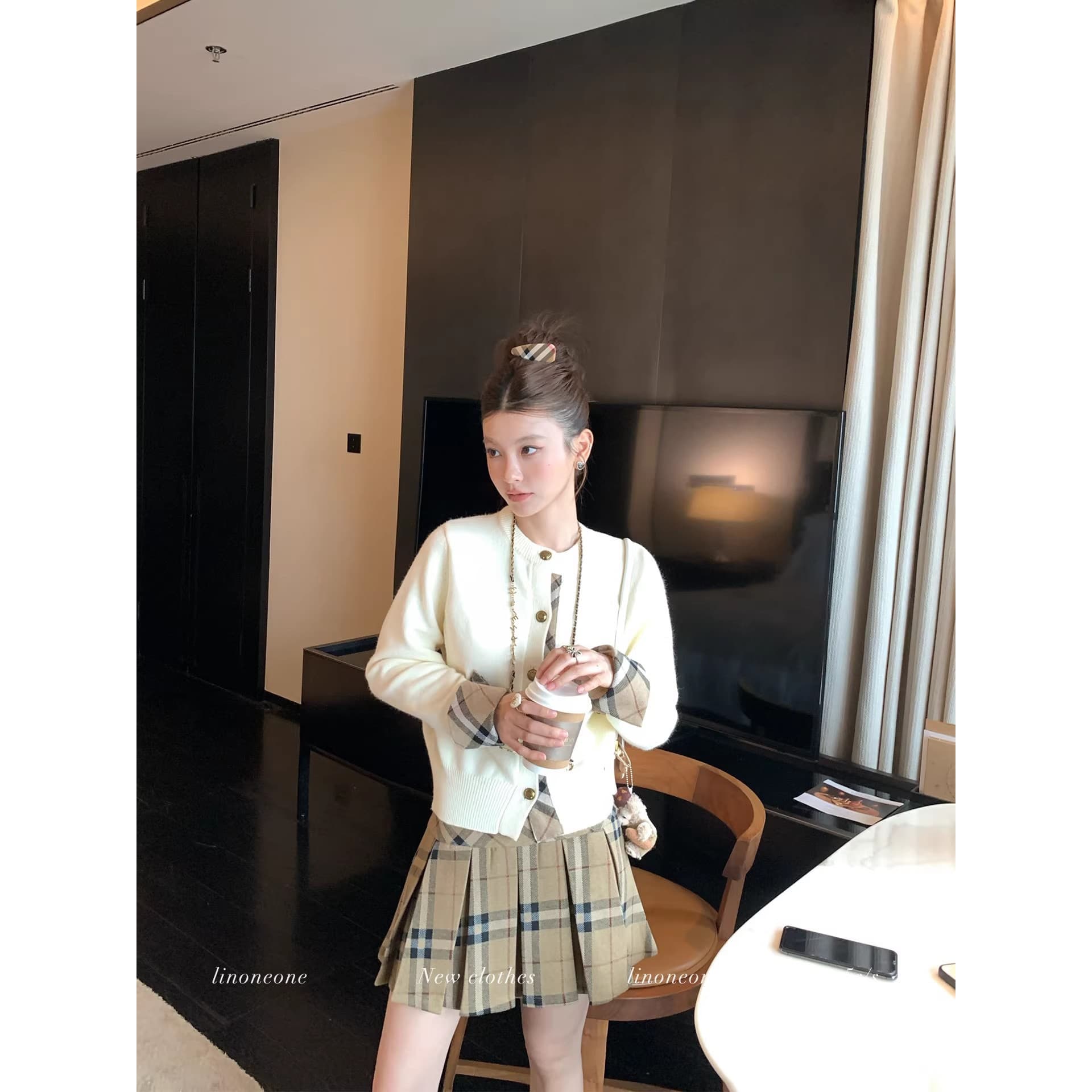 우유 커피 학원 한 부서 쌀 화이트 패치워크 페이크 레이어드 디자인 센스 스웨터 오픈 가디건 카키 체크무늬 상세 이미지 3