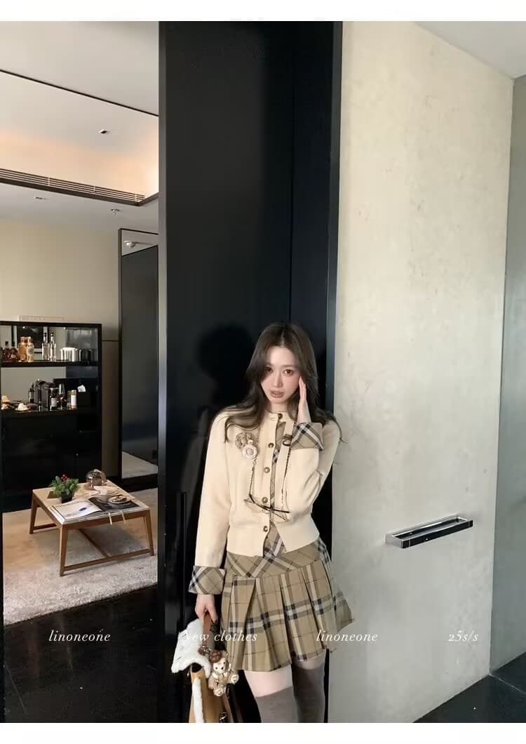 우유 커피 학원 한 부서 쌀 화이트 패치워크 페이크 레이어드 디자인 센스 스웨터 오픈 가디건 카키 체크무늬 상세 이미지 6