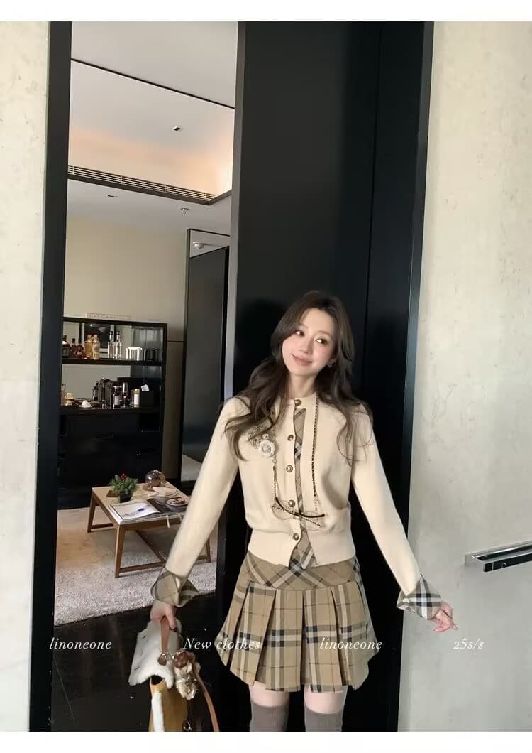 우유 커피 학원 한 부서 쌀 화이트 패치워크 페이크 레이어드 디자인 센스 스웨터 오픈 가디건 카키 체크무늬 상세 이미지 7