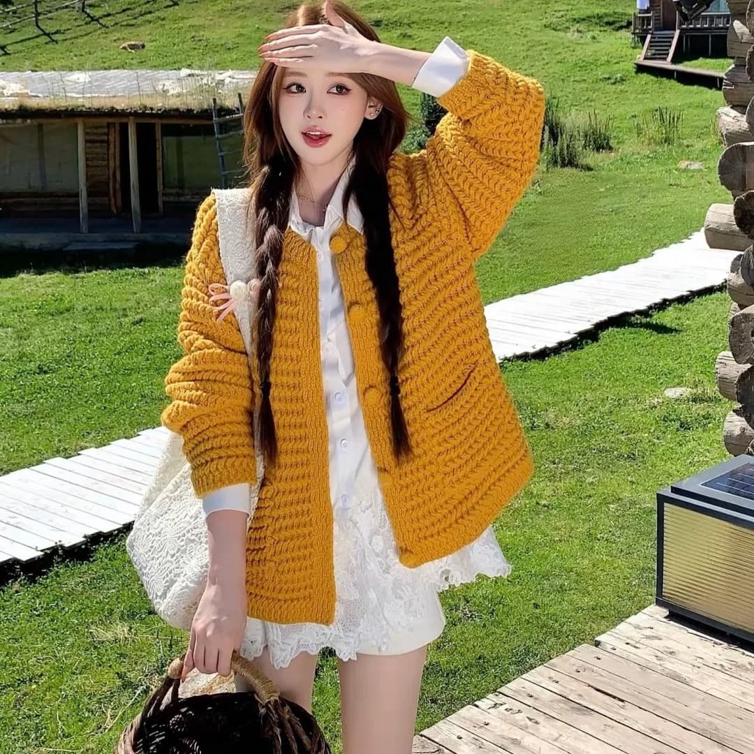 센 부서 레트로 황색 스웨터 오픈 가디건 여성 2026 가을 새로운 루즈핏 느긋한 바람 외부 가져 가라. 니트 재킷 맨위 이미지 5