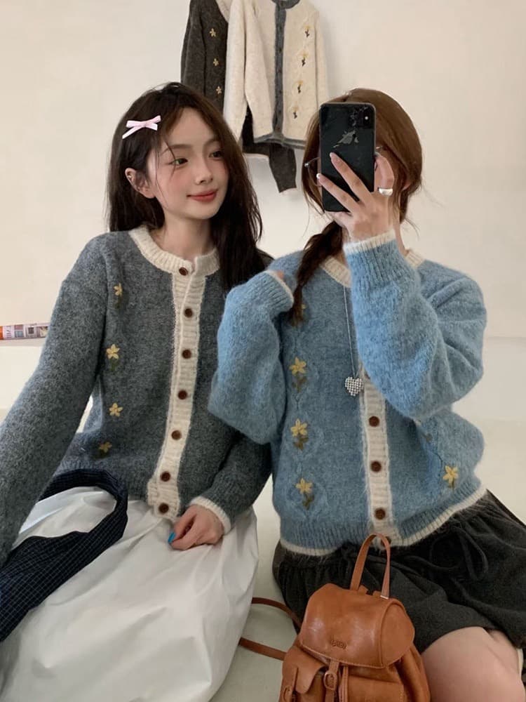 레트로 부드러운 무거운 작업 자수 부드러운 찹쌀 스웨터 여성 코트 루즈핏 가을 겨울철 두꺼운 연령 감소 니트 오픈 가디건 외출용 이미지 2