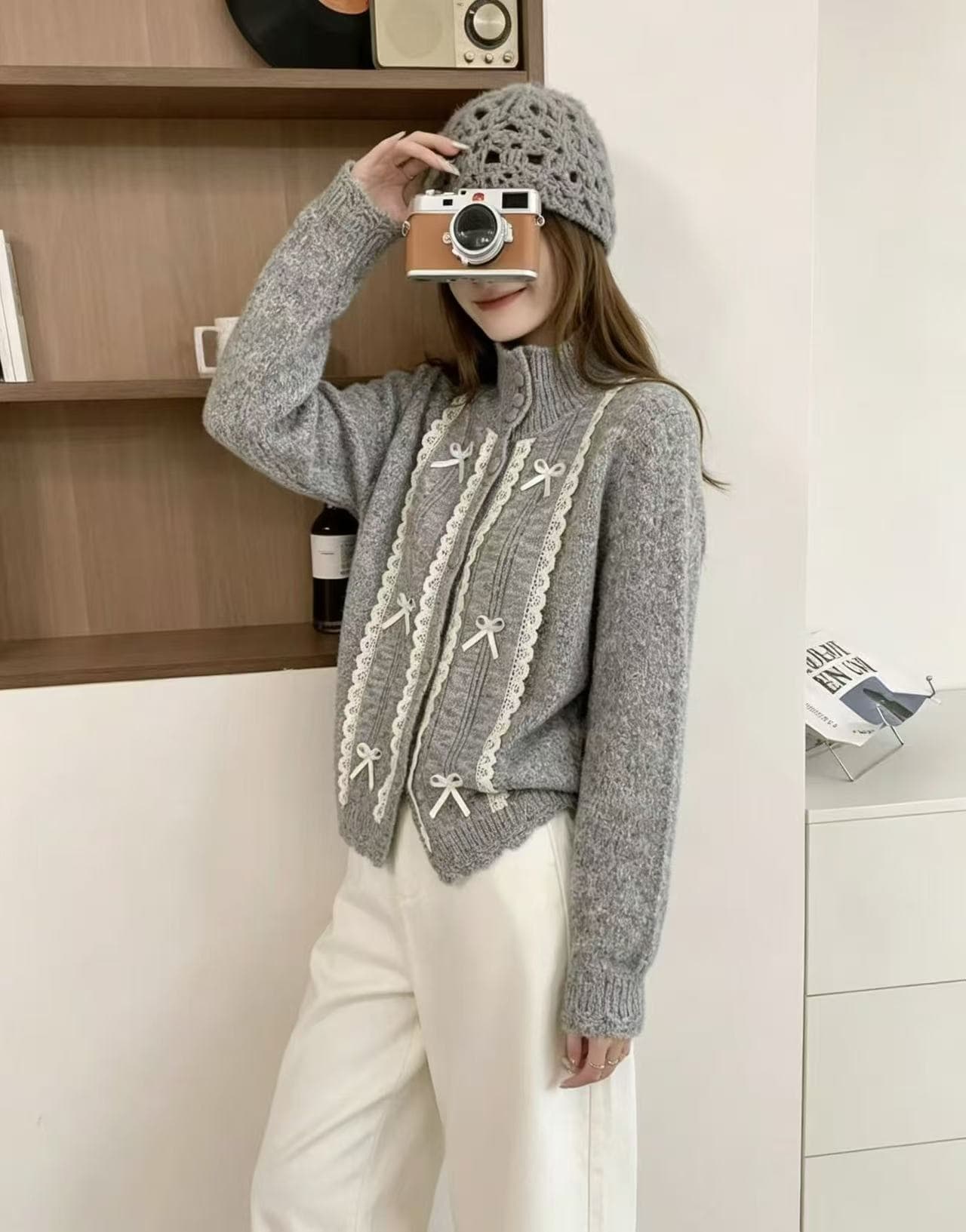 레트로 스타일 레이스 레이스 나비 매듭 터틀넥 스웨터 오픈 가디건 여성 가을 겨울철 2026 새로운 루즈핏 니트 오픈 가디건 상세 이미지 1