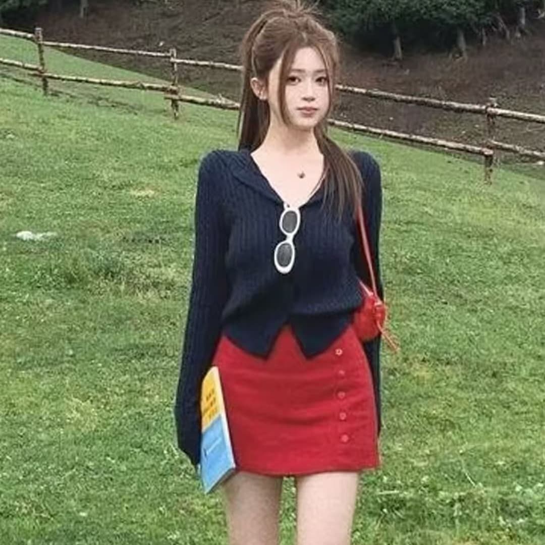 그리드 레이 소녀 느긋한 바람 미니멀리즘 캐주얼 바람 패션 트렌드 2026 년 가을 슬림해 보이는 V넥 이미지 5