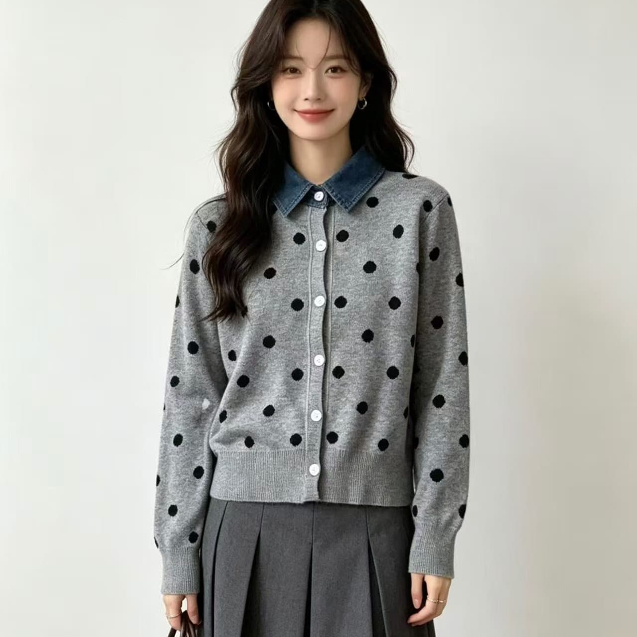 프랑스식 도트 무늬 페이크 레이어드 데님 패치워크 POLO 칼라 니트 스웨터 부드러운 찹쌀 연령 감소 스웨터 코트 가을 겨울철 새로운 상세 이미지 1