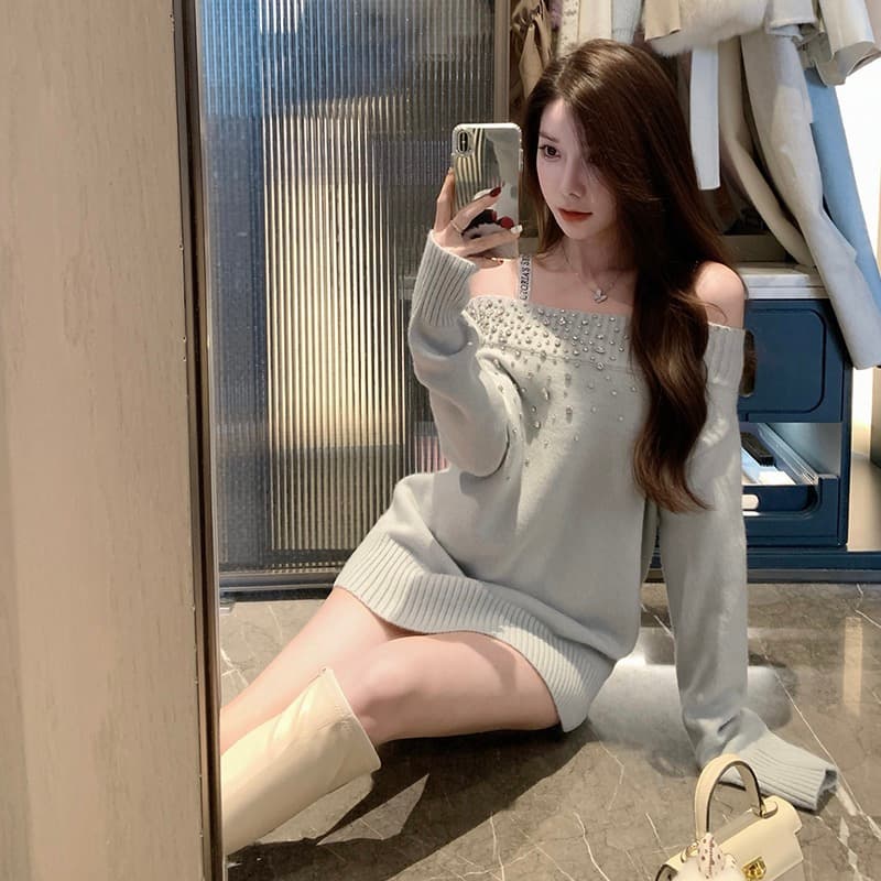 오프숄더 화이트 핫픽스 긴팔 니트 스웨터 여성 가을 겨울철 스웨터 한 부서 순수한 욕망 오프숄더 인사이드 가져 가라. 만나는 맨위 이미지 2