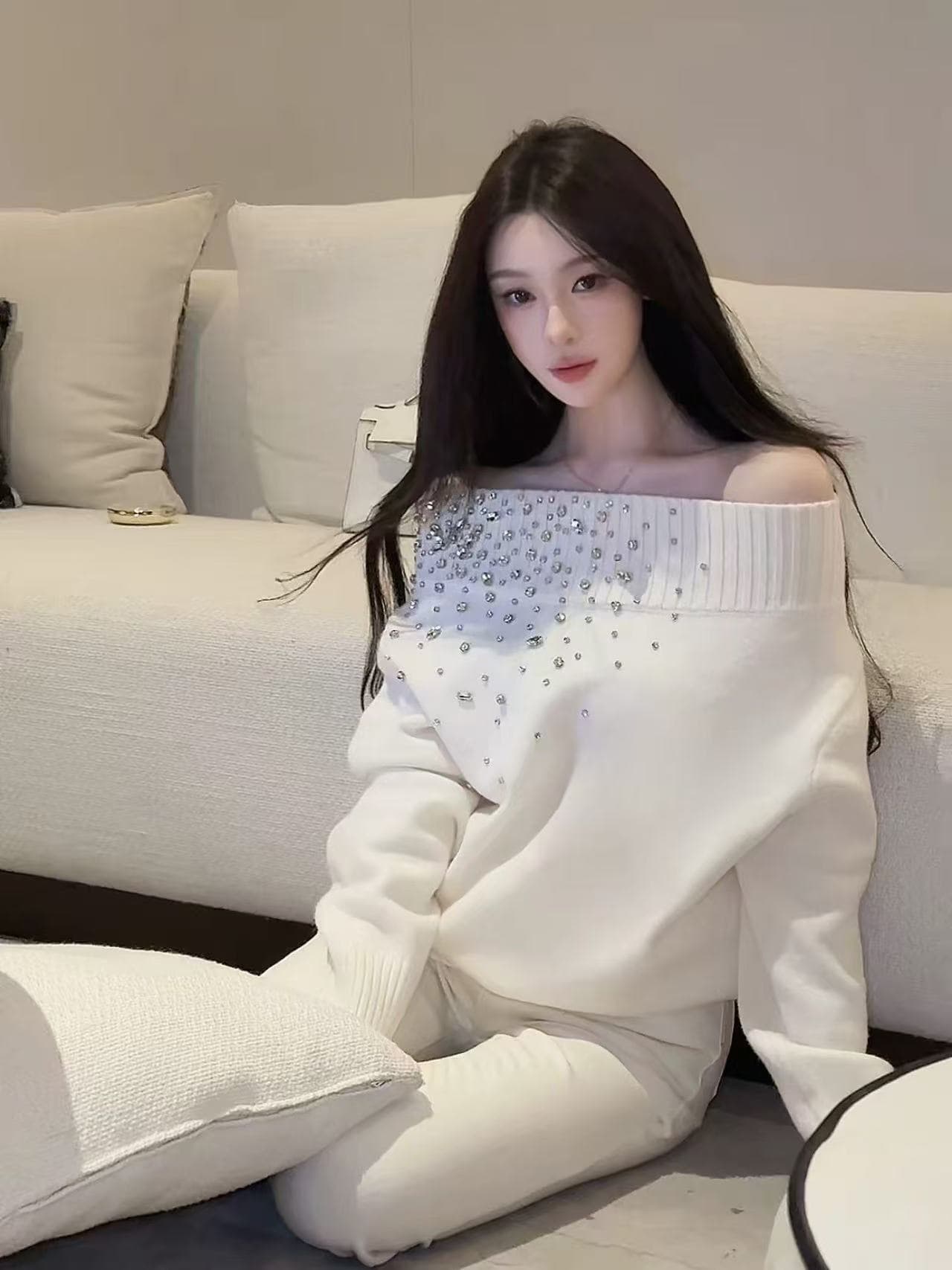 오프숄더 화이트 핫픽스 긴팔 니트 스웨터 여성 가을 겨울철 스웨터 한 부서 순수한 욕망 오프숄더 인사이드 가져 가라. 만나는 맨위