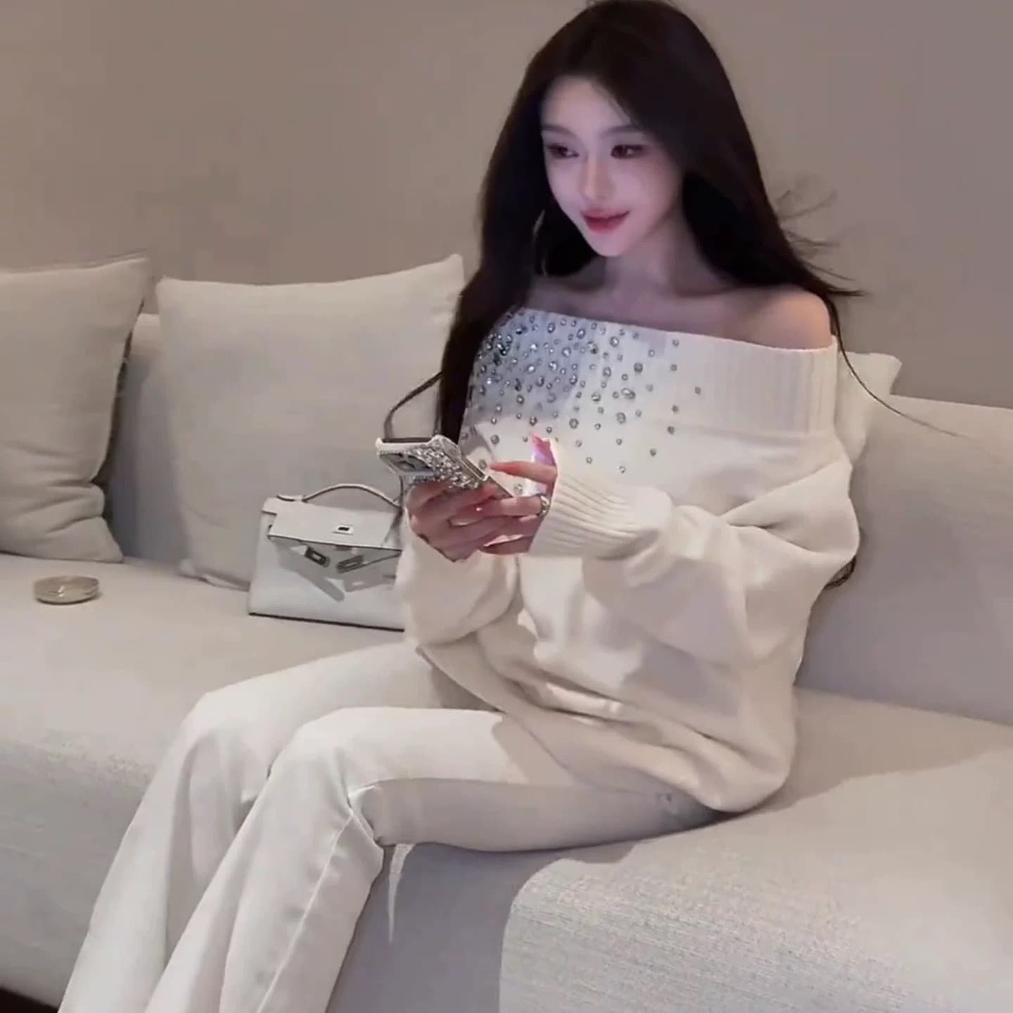 오프숄더 화이트 핫픽스 긴팔 니트 스웨터 여성 가을 겨울철 스웨터 한 부서 순수한 욕망 오프숄더 인사이드 가져 가라. 만나는 맨위 이미지 5