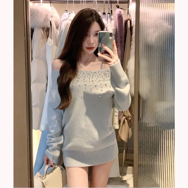 오프숄더 화이트 핫픽스 긴팔 니트 스웨터 여성 가을 겨울철 스웨터 한 부서 순수한 욕망 오프숄더 인사이드 가져 가라. 만나는 맨위 상세 이미지 5