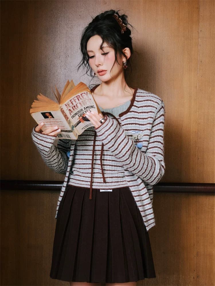 박하 커피 투피스 세트 2026 겨울 니트 오픈 가디건 투피스 세트 니트 투피스 조끼 상세 이미지 2