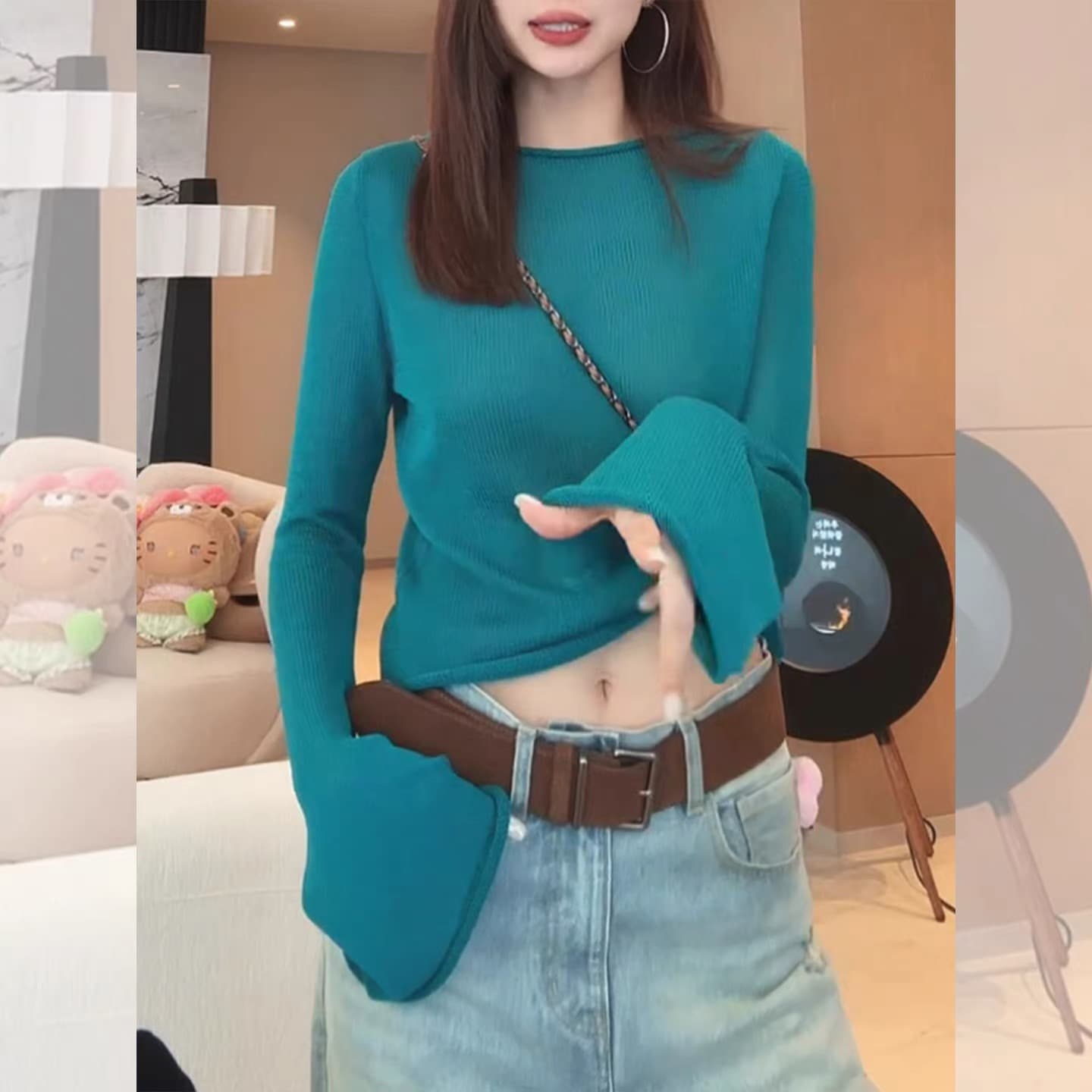 파란색 볼륨 측면 니트 기본 셔츠 인사이드 가져 가라. 여성 의류 조기 가을 2026 새로운 나팔 긴팔 맨위 라운드 넥 스웨터 상세 이미지 5