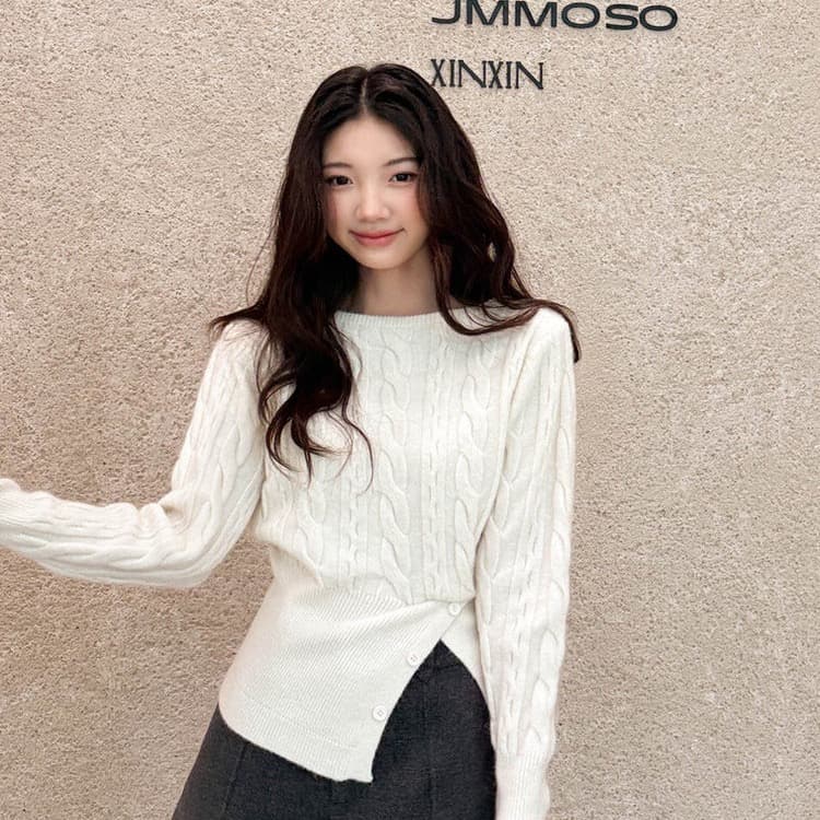 한 부서 부드러운 찹쌀 꽈배기 트임 스웨터 보트넥 몸매 가꾸기 슬림해 보이는 긴팔 기본 셔츠 여성 상세 이미지 5