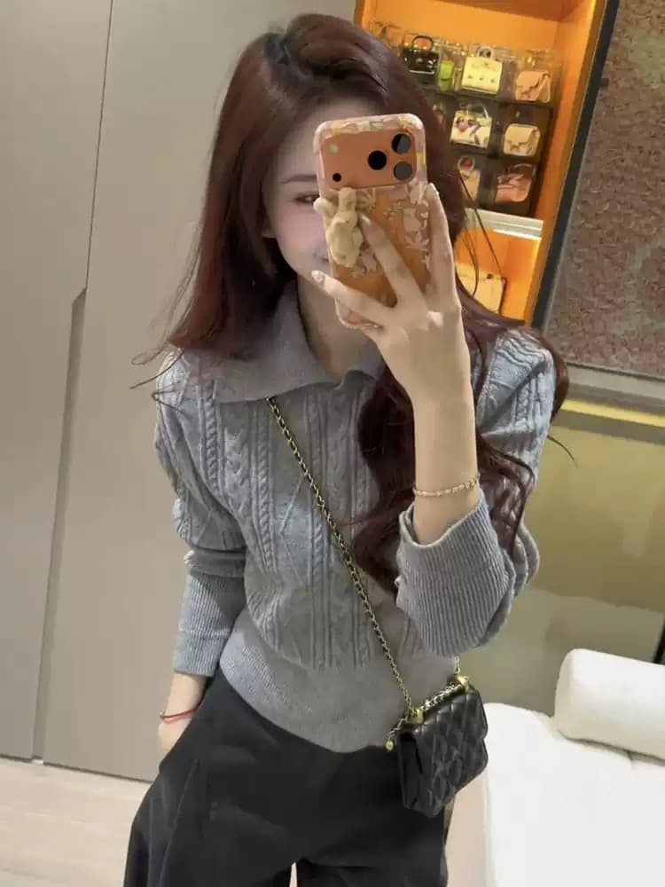 프랑스식 polo 폴로 칼라 풀오버 꽈배기 만나는 스웨터 여자 가을 겨울철 느긋한 바람 허리 수축 인사이드 가져 가라. 니트 스웨터 맨위 상세 이미지 1