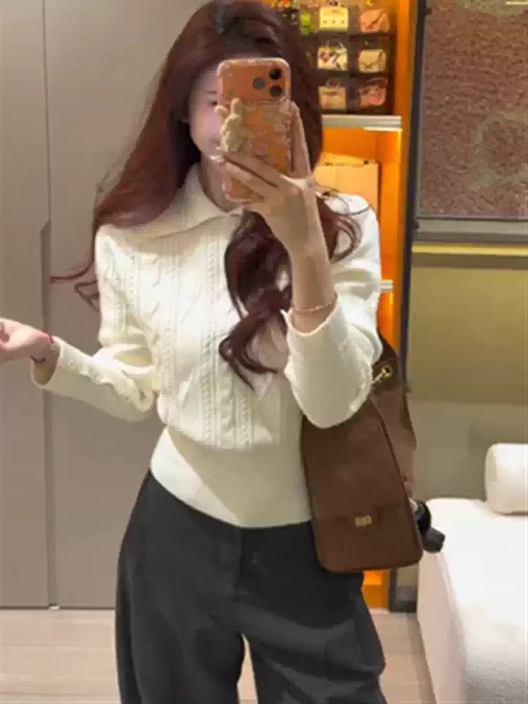 프랑스식 polo 폴로 칼라 풀오버 꽈배기 만나는 스웨터 여자 가을 겨울철 느긋한 바람 허리 수축 인사이드 가져 가라. 니트 스웨터 맨위 상세 이미지 3