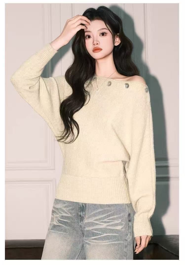 자이언트 잘 생긴 ~ 중 디자인 센스 오프숄더 니트 스웨터 여성 가을 새로운 루즈핏 긴팔 단추 장식 스웨터 맨위 이미지 3