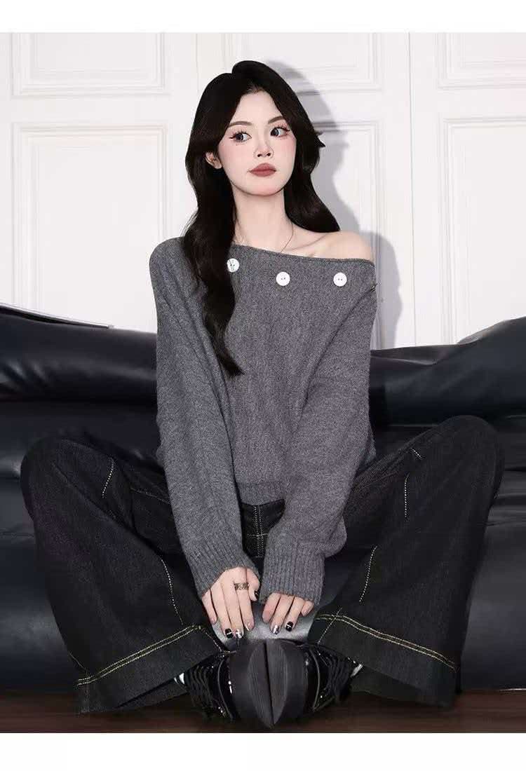 자이언트 잘 생긴 ~ 중 디자인 센스 오프숄더 니트 스웨터 여성 가을 새로운 루즈핏 긴팔 단추 장식 스웨터 맨위 이미지 2