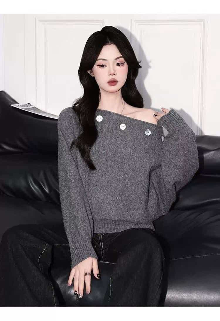 자이언트 잘 생긴 ~ 중 디자인 센스 오프숄더 니트 스웨터 여성 가을 새로운 루즈핏 긴팔 단추 장식 스웨터 맨위 상세 이미지 1