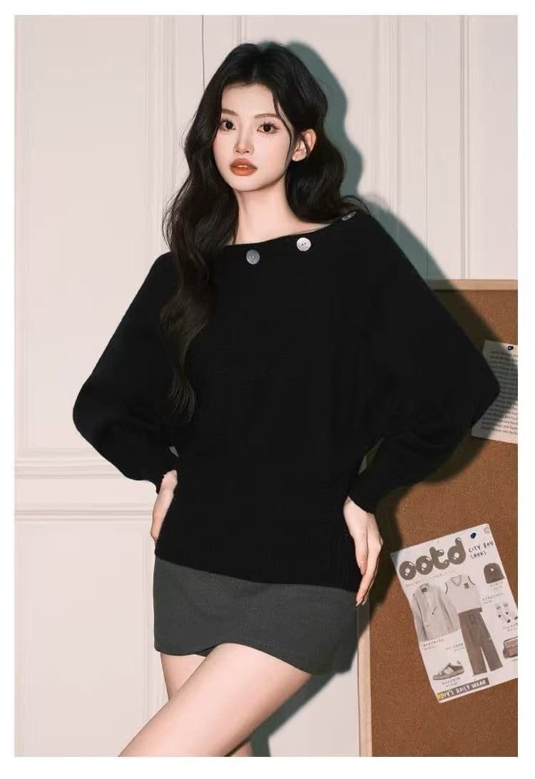 자이언트 잘 생긴 ~ 중 디자인 센스 오프숄더 니트 스웨터 여성 가을 새로운 루즈핏 긴팔 단추 장식 스웨터 맨위 상세 이미지 4