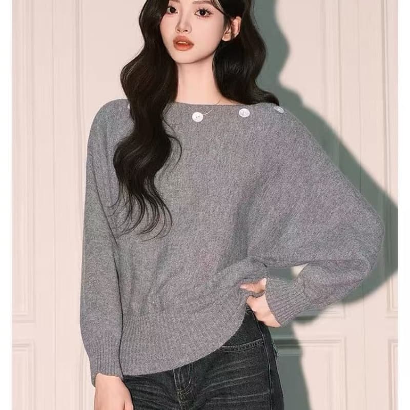 자이언트 잘 생긴 ~ 중 디자인 센스 오프숄더 니트 스웨터 여성 가을 새로운 루즈핏 긴팔 단추 장식 스웨터 맨위 상세 이미지 7