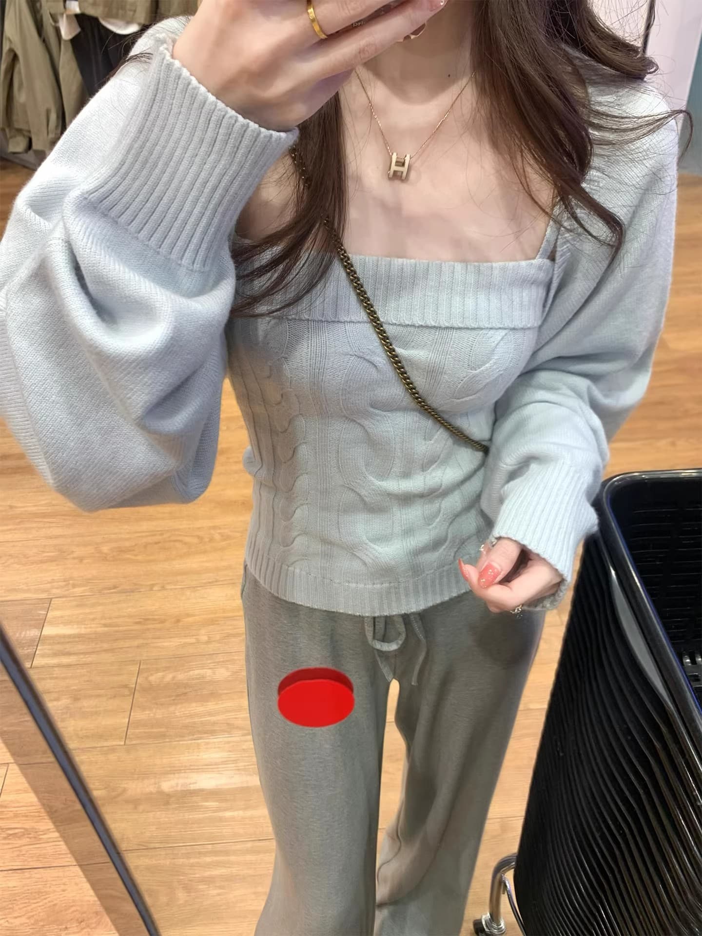 아침 안개 바다 소금 트위스트 꽃 튜브탑 캐미솔 배트윙 소매 어깨 니트 오픈 가디건 투피스 세트 맨위 상세 이미지 3