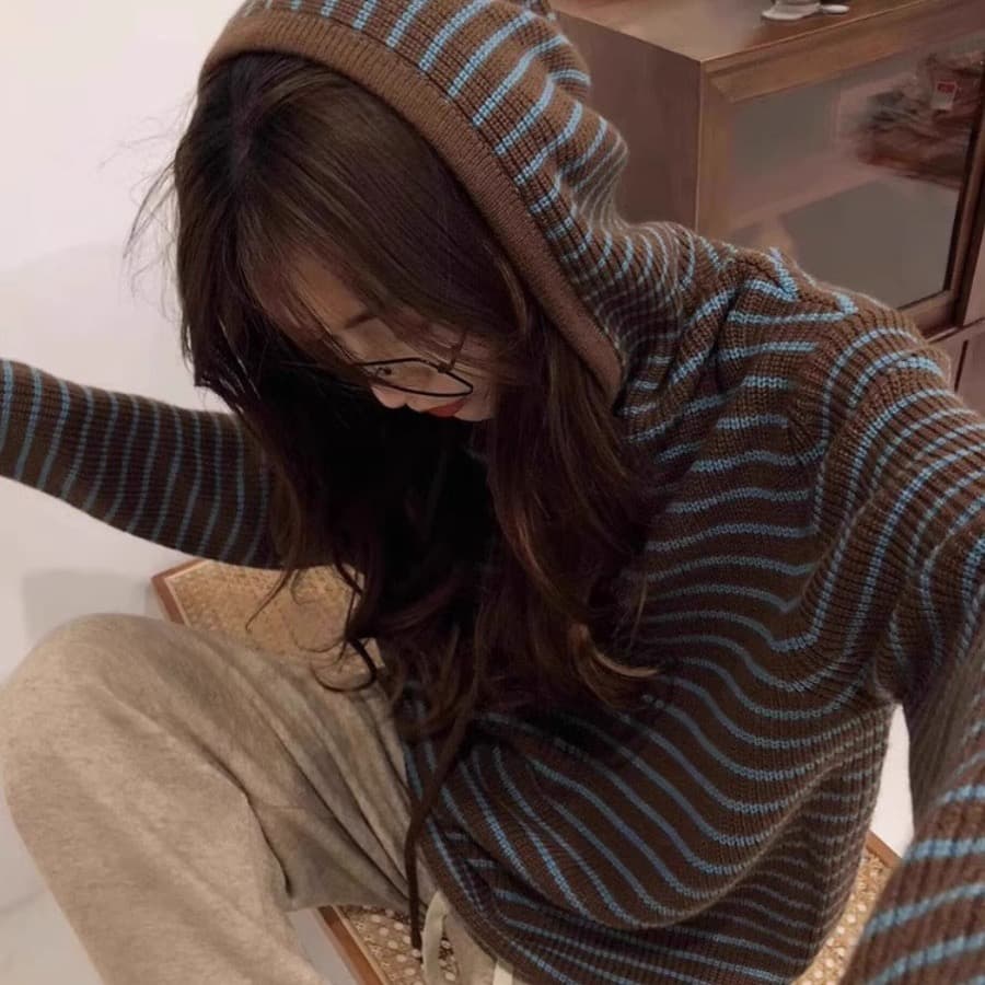 바이 지아 좋은 느긋한 바람 스트라이프 후드 스웨터 여성 코트 가을 루즈핏 니트 스웨터 후드티