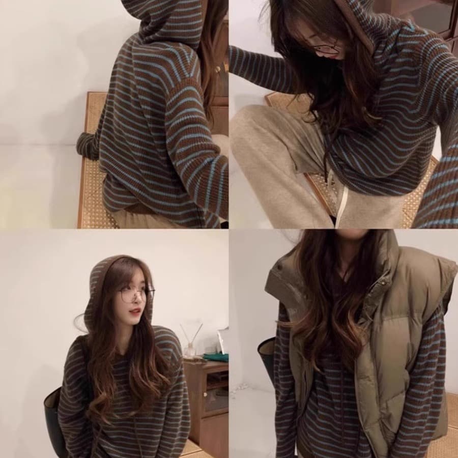 바이 지아 좋은 느긋한 바람 스트라이프 후드 스웨터 여성 코트 가을 루즈핏 니트 스웨터 후드티 상세 이미지 1