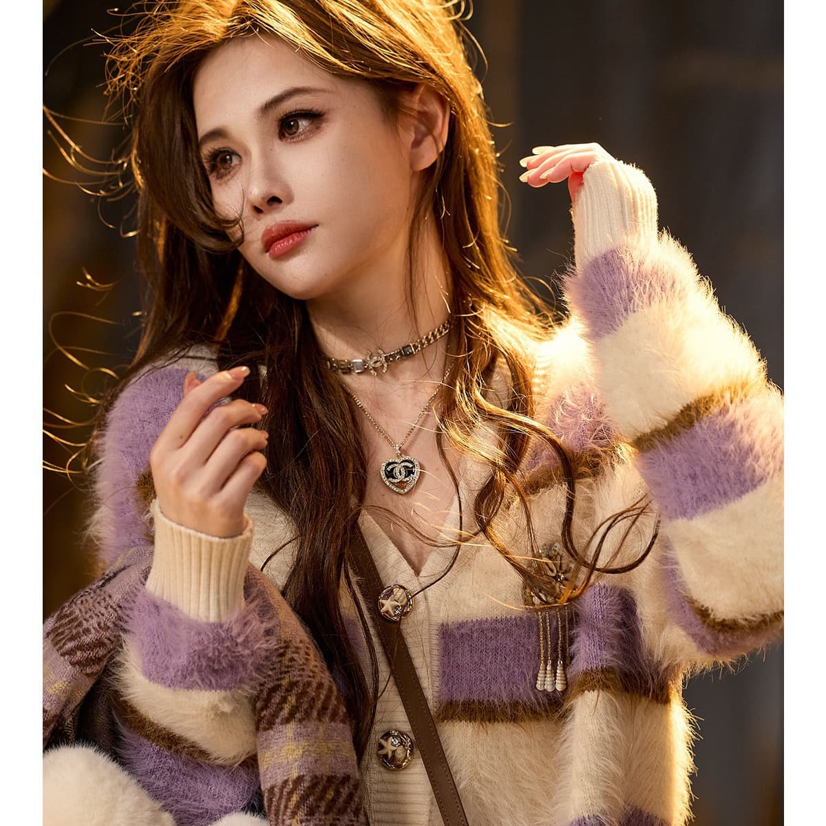 가을 겨울 芋 진흙 느슨한 우유 씽 하는 소리 모방 fall 털 스트라이프 구슬 버클 V넥 스웨터 오픈 가디건 상세 이미지 4